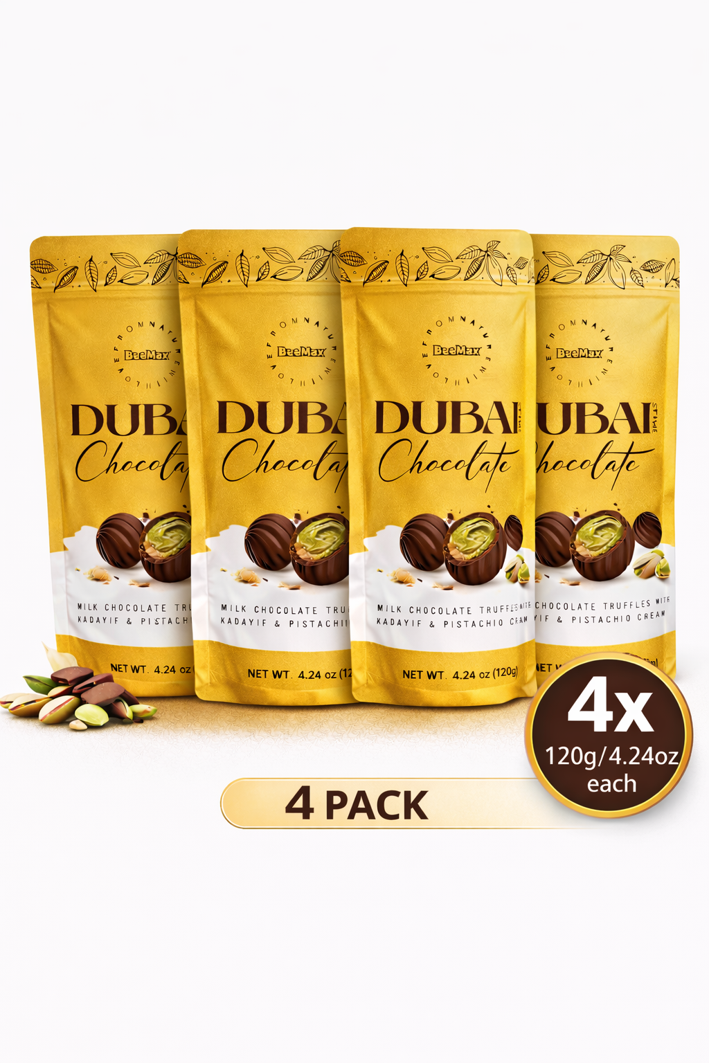4 PCS Bag Beemax Dubai Chocolate Truffles Pistachio Cream Filled Milk Choco Ball