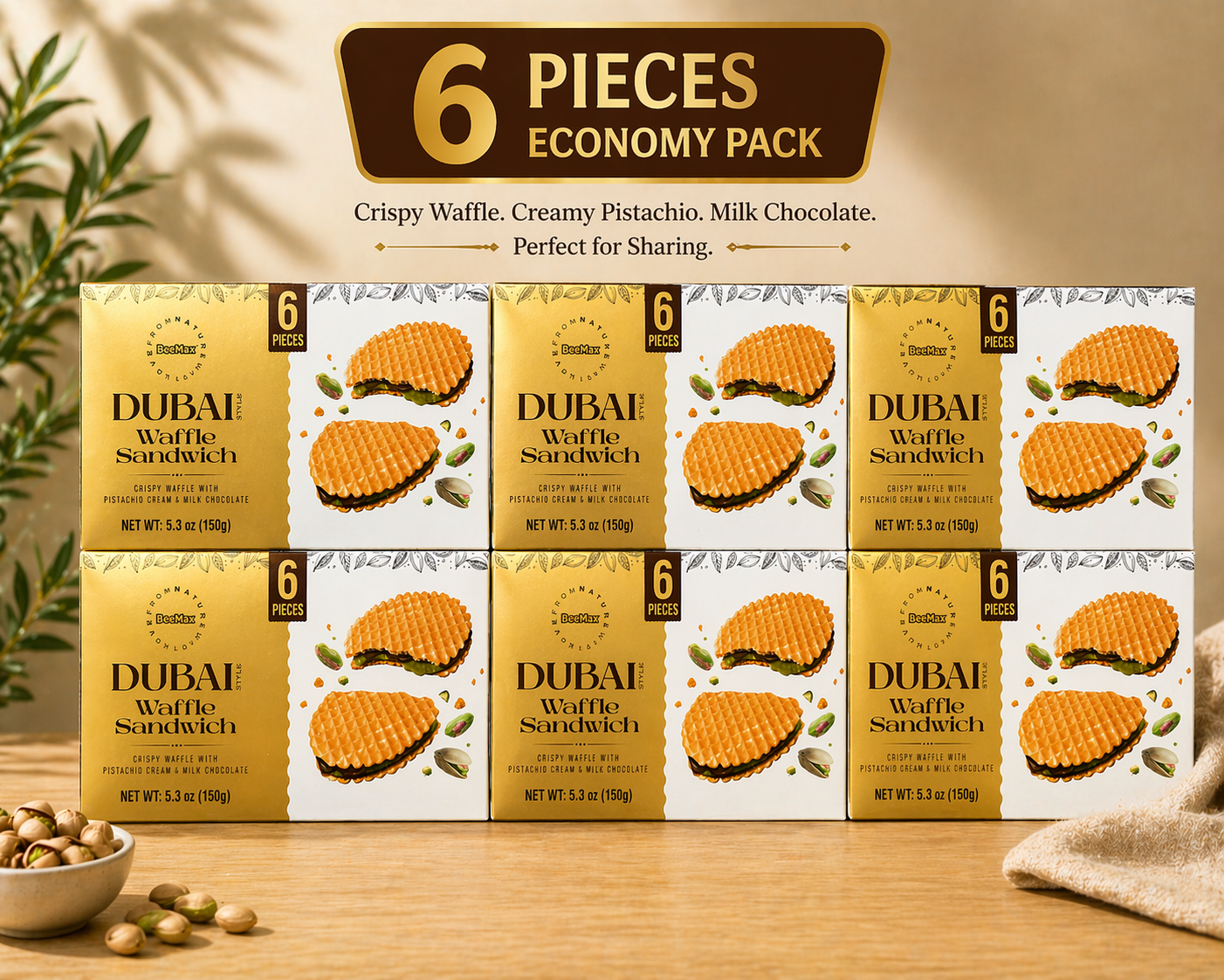 BeeMax Dubai Style Waffle Sandwich Pistachio Cream Milk Chocolate 6 Pieces 5.3oz