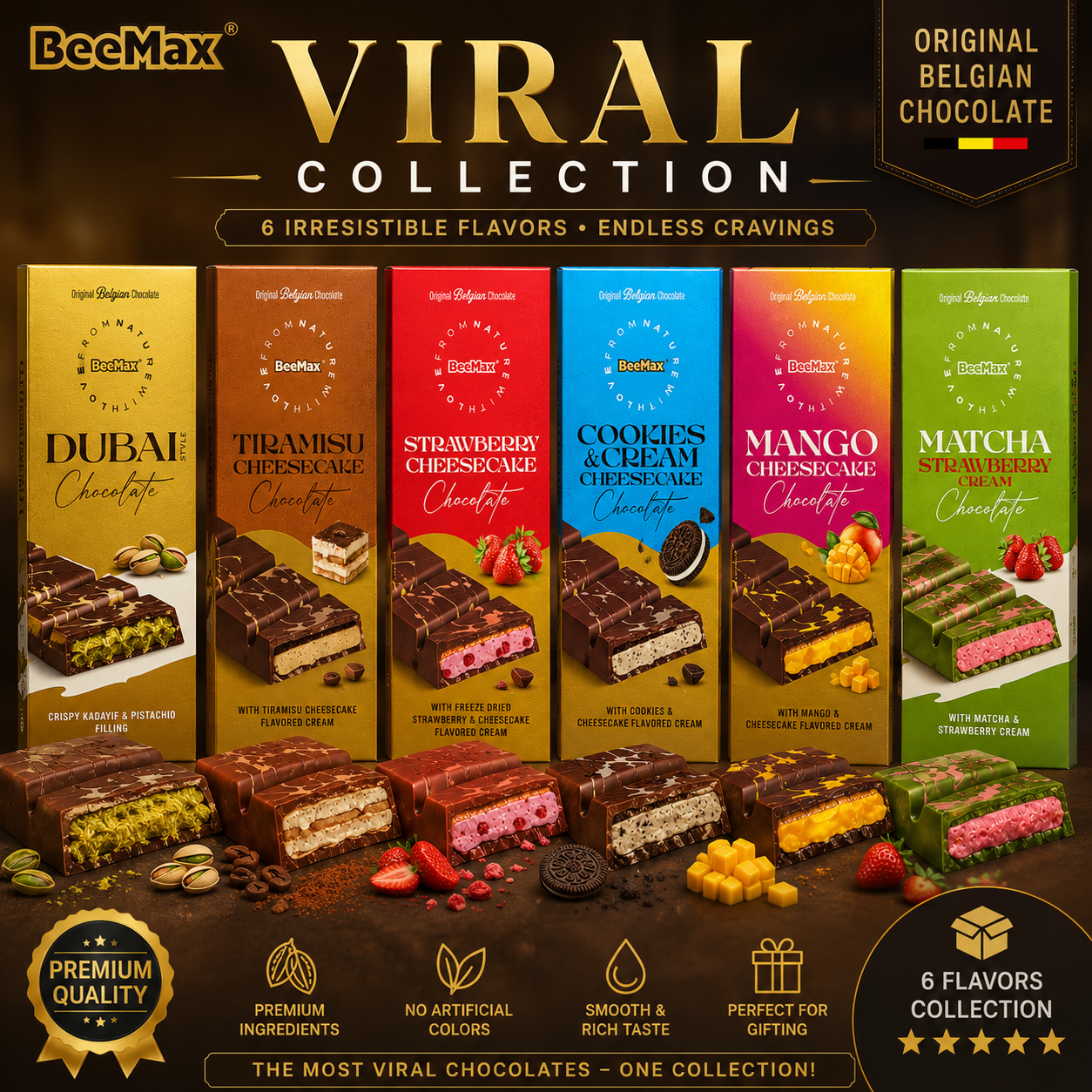 BeeMax Viral Collection Belgian Filled Chocolate Bars 6 Flavor, Gift Box