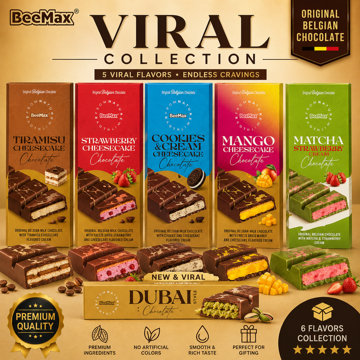 BeeMax Viral Collection Belgian Filled Chocolate Bars 6 Flavor, Gift Box